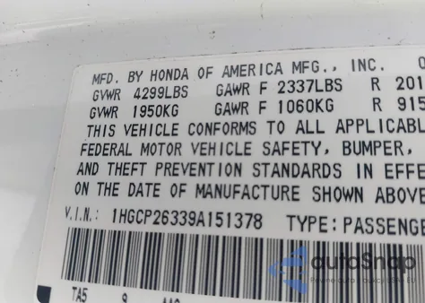 2009 Honda Accord 2.4 Lx z USA, uszkodzony, nr VIN 1HGCP26339A151378